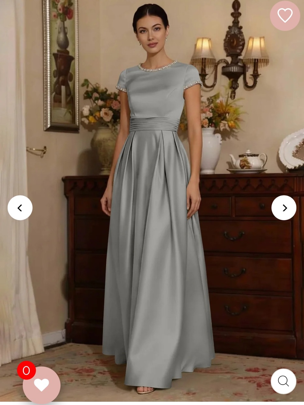 Satin A- Line princess floor length Dress with Beaded Cap Sleeves